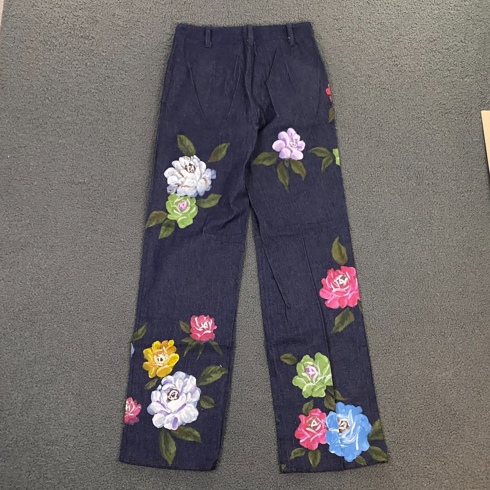 VTG Y2K Mandalay Jeans size 4 Straight Leg Hand Painted Flowers Patch Pocket - Picture 9 of 15